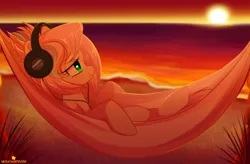 Size: 1280x841 | Tagged: safe, artist:verawitch, banned from derpibooru, deleted from derpibooru, derpibooru import, oc, oc:sweet skies, unofficial characters only, pony, beach, commission, female, hammock, headphones, lidded eyes, mare, relaxing, smiling, solo, sunset, water