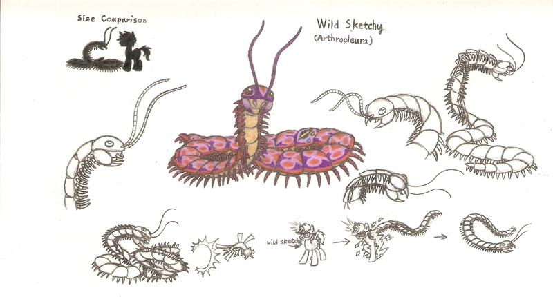 Size: 1629x876 | Tagged: safe, artist:smcho1014, banned from derpibooru, deleted from derpibooru, derpibooru import, oc, oc:wild sketchy, unofficial characters only, arthropleura, centipede, giant centipede, pony, unicorn, colored pencil drawing, concept art, male, self-transfiguration, size chart, size comparison, stallion, traditional art, transfiguration, transformation