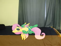 Size: 3648x2736 | Tagged: suggestive, artist:lopezak, banned from derpibooru, deleted from derpibooru, derpibooru import, fluttershy, pony, bed, blushing, clothes, curtains, irl, panties, photo, ponies in real life, socks, underwear, vector