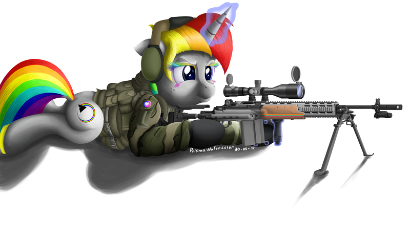 Size: 4641x2743 | Tagged: safe, artist:prismawatercolor, banned from derpibooru, deleted from derpibooru, derpibooru import, oc, oc:prisma watercolor, unofficial characters only, pony, absurd resolution, freckles, gun, headphones, m14 ebr, magic, military pony, military uniform, multicolored hair, prone, rainbow hair, rifle, simple background, sniper, sniper rifle, solo, weapon, white background