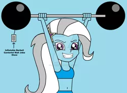 Size: 1024x747 | Tagged: safe, artist:lonetrekker, banned from derpibooru, deleted from derpibooru, derpibooru import, trixie, equestria girls, barbell, blue background, clothes, grin, inflatable, midriff, show off, show-off, simple background, smiling, solo, sports bra, stronk, watermark