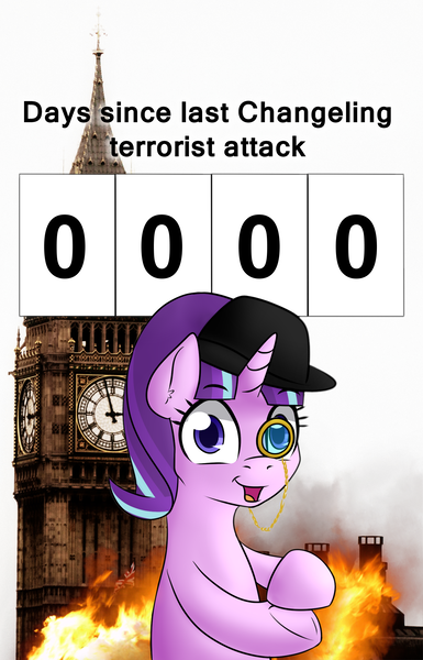 Size: 1485x2316 | Tagged: safe, artist:10art1, banned from derpibooru, deleted from derpibooru, derpibooru import, edit, starlight glimmer, 8^y, bowler hat, british, clapping, english, hat, monocle, /pol/, politics, simple background, solo, starlight says bravo, terrorism, too soon, united kingdom, we are going to hell, white background