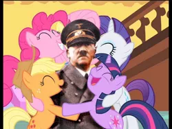 Size: 480x360 | Tagged: safe, banned from derpibooru, deleted from derpibooru, derpibooru import, applejack, pinkie pie, rarity, twilight sparkle, earth pony, human, unicorn, friendship is magic, adolf hitler, hug, nazi, photoshop, we are going to hell