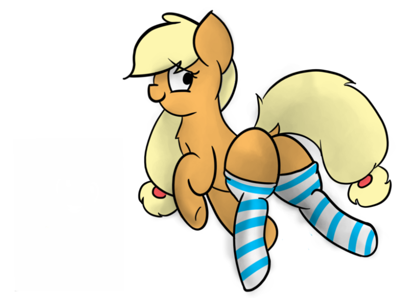 Size: 888x664 | Tagged: suggestive, artist:element, banned from derpibooru, deleted from derpibooru, derpibooru import, applejack, butt, clothes, dock, female, hatless, missing accessory, missing cutie mark, plot, simple background, socks, solo, solo female, striped socks, transparent background