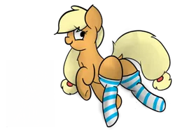 Size: 888x664 | Tagged: suggestive, artist:element, banned from derpibooru, deleted from derpibooru, derpibooru import, applejack, butt, clothes, dock, female, hatless, missing accessory, missing cutie mark, plot, simple background, socks, solo, solo female, striped socks, transparent background