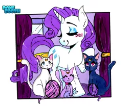 Size: 1024x859 | Tagged: safe, artist:ponebooth, banned from derpibooru, deleted from derpibooru, derpibooru import, rarity, cat, pony, unicorn, anime, artemis (sailor moon), blushing, crazy cat lady, crossover, diana (sailor moon), eyes closed, female, luna (sailor moon), mare, raised hoof, sailor moon, smiling, solo, traditional art, yarn, yarn ball