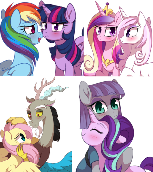 Size: 900x1010 | Tagged: safe, artist:verawitch, banned from derpibooru, deleted from derpibooru, derpibooru import, discord, fleur-de-lis, fluttershy, maud pie, princess cadance, rainbow dash, starlight glimmer, twilight sparkle, twilight sparkle (alicorn), alicorn, draconequus, earth pony, pegasus, pony, unicorn, blushing, discoshy, female, fleurdance, horn, horns, hug, infidelity, jewelry, lesbian, looking at each other, male, nuzzling, regalia, shipping, simple background, smiling, starmaud, straight, twidash, white background, wings