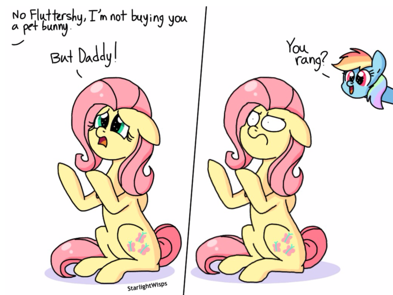 Size: 1024x768 | Tagged: safe, artist:starlightwisps, banned from derpibooru, deleted from derpibooru, derpibooru import, fluttershy, gentle breeze, rainbow dash, pegasus, pony, comic, dialogue, floppy ears, frown, implied flutterdash, implied lesbian, implied shipping, offscreen character, sad, sitting, smiling, trolling, unamused