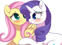 Size: 1295x942 | Tagged: dead source, safe, artist:verawitch, banned from derpibooru, deleted from derpibooru, derpibooru import, fluttershy, rarity, pegasus, pony, unicorn, blushing, cute, female, flarity, lesbian, looking at each other, mare, shipping, simple background, smiling, white background