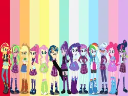Size: 950x709 | Tagged: safe, banned from derpibooru, deleted from derpibooru, derpibooru import, editor:jdueler11, applejack, fluttershy, indigo zap, lemon zest, pinkie pie, rainbow dash, rarity, sci-twi, sour sweet, spike, spike the regular dog, starlight glimmer, sugarcoat, sunny flare, sunset shimmer, twilight sparkle, dog, equestria girls, 1000 hours in ms paint, boots, clothes, female, glasses, high heel boots, humane five, humane seven, humane six, ms paint, rainbow, shadow five, shoes, skirt, socks, striped socks, vector, wrong aspect ratio