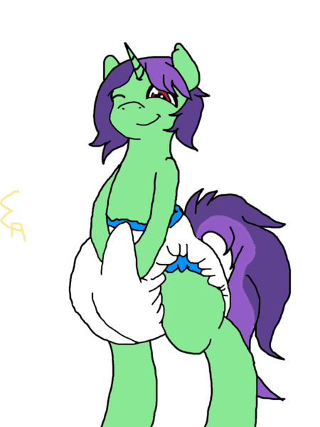 Size: 900x1200 | Tagged: questionable, artist:lyoka, banned from derpibooru, deleted from derpibooru, derpibooru import, oc, oc:crescent star, unofficial characters only, pony, unicorn, adult foal, diaper, diaper boner, diaper fetish, erection, fetish, male, one eye closed, penis, poofy, simple background, solo, solo male, stallion, transparent background, wink