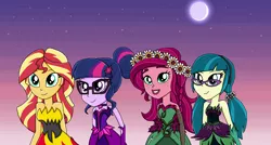 Size: 1616x864 | Tagged: safe, artist:emeraldblast63, banned from derpibooru, deleted from derpibooru, derpibooru import, gaea everfree, gloriosa daisy, juniper montage, sci-twi, sunset shimmer, twilight sparkle, equestria girls, equestria girls (movie), friendship games, legend of everfree, mirror magic, spoiler:eqg specials, bare shoulders, beautiful, clothes, dress, equestria's monster girls, floral head wreath, flower, glasses, juniper monstar, midnight sparkle, moon, sleeveless, smiling, stars, strapless, sunset satan