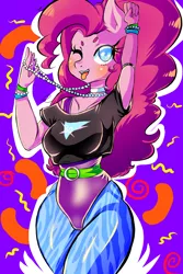 Size: 1280x1920 | Tagged: safe, artist:animechips, banned from derpibooru, deleted from derpibooru, derpibooru import, pinkie pie, anthro, 80's fashion, belt, blushing, clothes, leotard, one eye closed, pantyhose, shirt, solo, wink