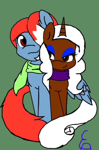 Size: 1024x1550 | Tagged: safe, artist:lyoka, banned from derpibooru, deleted from derpibooru, derpibooru import, oc, oc:faerie belle, oc:frosty pone, unofficial characters only, pegasus, pony, unicorn, bedroom eyes, brother and sister, clothes, female, makeup, male, mare, scarf, siblings, stallion, stroll, winter