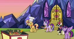 Size: 1618x856 | Tagged: safe, artist:emeraldblast63, banned from derpibooru, deleted from derpibooru, derpibooru import, moondancer, starlight glimmer, sunset shimmer, twilight sparkle, twilight sparkle (alicorn), alicorn, pony, unicorn, chef's hat, cooking, female, fire, hat, mare, twilight's castle, vegetables