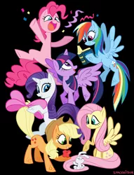 Size: 1800x2362 | Tagged: safe, artist:spacekitsch, banned from derpibooru, deleted from derpibooru, derpibooru import, angel bunny, applejack, fluttershy, pinkie pie, rainbow dash, rarity, twilight sparkle, twilight sparkle (alicorn), alicorn, pony, apple, black background, book, bow, confetti, food, mane six, simple background, tail bow