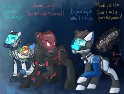 Size: 818x625 | Tagged: safe, artist:charlie-bad-touch, banned from derpibooru, deleted from derpibooru, derpibooru import, oc, oc:arcturus, unofficial characters only, pegasus, pony, unicorn, alec ryder, armor, clothes, cora harper, gun, mass effect, mass effect: andromeda, n7, n7 armor, pathfinder, weapon