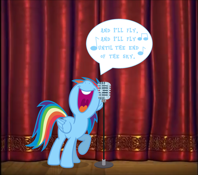 Size: 2060x1816 | Tagged: safe, artist:ianpony98, artist:luckreza8, banned from derpibooru, deleted from derpibooru, derpibooru import, edit, rainbow dash, pegasus, pony, tanks for the memories, curtain, female, i'll fly, mare, microphone, nose in the air, singing, stage