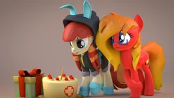 Size: 1024x576 | Tagged: safe, artist:mythicspeed, banned from derpibooru, deleted from derpibooru, derpibooru import, oc, oc:film flick, oc:sunrise tune, unofficial characters only, pegasus, pony, 3d, blender, cake, clothes, costume, dangerous mission outfit, female, food, goggles, hoodie, mare, present