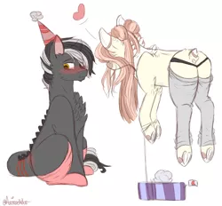 Size: 3846x3566 | Tagged: safe, artist:popcornhorns, banned from derpibooru, deleted from derpibooru, derpibooru import, oc, oc:loki, unofficial characters only, dracony, dragon, hybrid, pony, blushing, butt, chest fluff, clothes, female, hat, high res, male, mare, party hat, plot, present, simple background, sitting, socks, white background