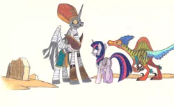 Size: 2355x1437 | Tagged: safe, artist:smcho1014, banned from derpibooru, deleted from derpibooru, derpibooru import, twilight sparkle, twilight sparkle (alicorn), oc, oc:wild sketchy, alicorn, dinosaur, pony, undead, colored pencil drawing, female, hybrid dinosaur, male, mare, mummy, simple background, spinoraptor, traditional art, trio, white background