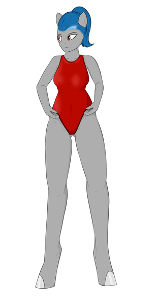 Size: 1420x2757 | Tagged: questionable, artist:quicksilver23, banned from derpibooru, deleted from derpibooru, derpibooru import, oc, oc:dagny blue, anthro, unguligrade anthro, breasts, cameltoe, cel shading, clothes, female, long legs, one-piece swimsuit, ponytail, shading, solo, swimsuit, tsundere