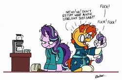 Size: 2393x1578 | Tagged: safe, artist:bobthedalek, banned from derpibooru, deleted from derpibooru, derpibooru import, edit, princess flurry heart, starlight glimmer, sunburst, pony, auntie starlight, bad example, bathrobe, bed mane, clothes, coffee, coffee machine, copycat, dialogue, fuck, grumpy, holding a pony, imitation, irresponsible, looking at each other, looking down, messy mane, morning ponies, open mouth, robe, shrunken pupils, simple background, sitting, smiling, spill, they grow up so fast, this will end in tears, unamused, uncle sunburst, vulgar, white background