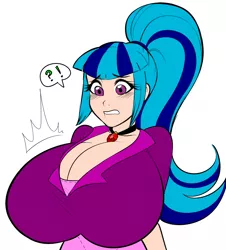 Size: 1280x1415 | Tagged: suggestive, artist:rileyav, banned from derpibooru, color edit, colorist:minshi woods, deleted from derpibooru, derpibooru import, edit, sonata dusk, equestria girls, big breasts, blushing, breast expansion, breasts, busty sonata dusk, cleavage, colored, female, growth, huge breasts, human coloration, implied breast expansion, impossibly large breasts, lip bite, ponytail, solo, solo female