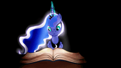 Size: 480x270 | Tagged: safe, artist:hanaty, banned from derpibooru, deleted from derpibooru, derpibooru import, princess luna, pony, animated, book, gif, gift art, magic, solo