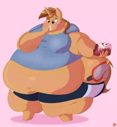 Size: 2196x2400 | Tagged: suggestive, artist:necrofeline, banned from derpibooru, deleted from derpibooru, derpibooru import, oc, oc:blurblob, belly, big belly, cake, eating, fat, food, huge belly, impossibly large belly, morbidly obese, obese, rule 63