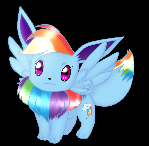Size: 589x575 | Tagged: safe, artist:hanaty, banned from derpibooru, deleted from derpibooru, derpibooru import, rainbow dash, eevee, pony, black background, crossover, pokefied, pokémon, rainbow, simple background