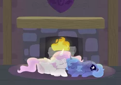 Size: 1000x700 | Tagged: safe, artist:dunefilly, banned from derpibooru, deleted from derpibooru, derpibooru import, princess celestia, princess luna, pony, cuddling, fire, fireplace, missing accessory, pink-mane celestia, prone, s1 luna, sleeping