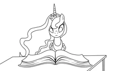 Size: 1280x720 | Tagged: safe, artist:hanaty, banned from derpibooru, deleted from derpibooru, derpibooru import, princess luna, alicorn, pony, book, lineart, reading, simple background, solo, white background