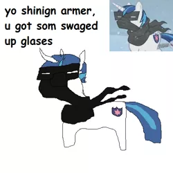 Size: 512x512 | Tagged: safe, artist:dellovan, banned from derpibooru, deleted from derpibooru, derpibooru import, shining armor, the crystal empire, clothes, comic sans, digital art, glasses, ms paint, quality, scarf, snow goggles