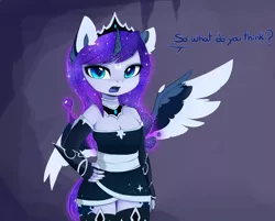Size: 1710x1378 | Tagged: safe, artist:magnaluna, banned from derpibooru, deleted from derpibooru, derpibooru import, edit, princess luna, anthro, alternate design, alternate universe, bare shoulders, breasts, cleavage, clothes, colored wings, crown, cute, dress, ear fluff, ethereal mane, floppy ears, galaxy mane, hand on hip, jewelry, looking at you, lunabetes, miniskirt, multicolored wings, regalia, skirt, talking to viewer, wings