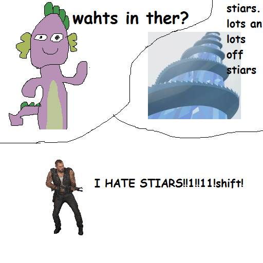 Size: 512x512 | Tagged: safe, artist:dellovan, banned from derpibooru, deleted from derpibooru, derpibooru import, spike, comic, comic sans, digital art, francis, left 4 dead, ms paint, stairs, stylistic suck