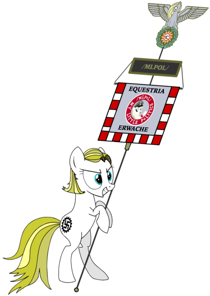 Size: 1003x1413 | Tagged: safe, artist:hoofwaffe, banned from derpibooru, deleted from derpibooru, derpibooru import, derpy hooves, oc, oc:aryanne, oc:natalie soc, earth pony, pony, /mlpol/, fascism, female, grin, hoof hold, mare, nazi, rearing, simple background, smiling, swastika, transparent background