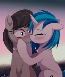 Size: 800x940 | Tagged: safe, artist:verawitch, banned from derpibooru, deleted from derpibooru, derpibooru import, octavia melody, vinyl scratch, earth pony, pony, unicorn, blushing, cute, eyes closed, female, kissing, lesbian, mare, scratchtavia, shipping, surprised, tavibetes, vinylbetes