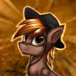 Size: 2500x2500 | Tagged: safe, artist:conniethecasanova, artist:setharu, banned from derpibooru, deleted from derpibooru, derpibooru import, edit, oc, oc:calamity, unofficial characters only, pegasus, pony, fallout equestria, bust, hat, looking at you, male, portrait, smiling, solo, stallion