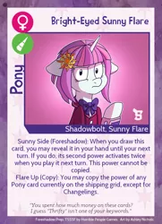 Size: 788x1088 | Tagged: safe, artist:ashleynicholsart, artist:ithryskylark, banned from derpibooru, deleted from derpibooru, derpibooru import, edit, sunny flare, ponified, pony, twilight sparkle's secret shipfic folder, equestria girls, card, cropped, equestria girls ponified, looking at you, solo