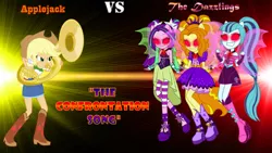 Size: 852x480 | Tagged: safe, artist:discorded-joker, artist:haleyc4629, banned from derpibooru, deleted from derpibooru, derpibooru import, edit, adagio dazzle, applejack, aria blaze, sonata dusk, equestria girls, confrontation, fanmade song, fight, musical instrument, singing, song, sousaphone, the dazzlings, tuba, tubajack, what if