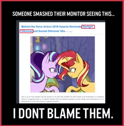 Size: 1218x1243 | Tagged: artist needed, editor needed, source needed, safe, author:calpain, banned from derpibooru, deleted from derpibooru, derpibooru import, edit, starlight glimmer, sunset shimmer, pony, unicorn, equestria daily, award, behind the voice actors, duo, female, frown, hater, haters gonna hate, looking at each other, mare, meme, news, nomination, paranoid, rabid, text, written word