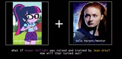 Size: 1024x496 | Tagged: safe, banned from derpibooru, deleted from derpibooru, derpibooru import, sci-twi, twilight sparkle, equestria girls, legend of everfree, exploitable meme, jean grey, meme, sophie turner, suggestion, what if, x-men