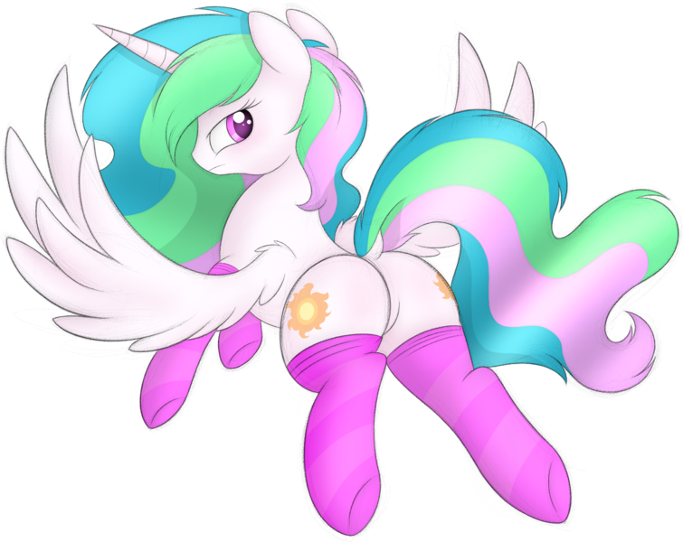 Size: 2128x1691 | Tagged: dead source, suggestive, artist:onlytheponies, banned from derpibooru, deleted from derpibooru, derpibooru import, princess celestia, alicorn, pony, butt, clothes, dock, featureless crotch, looking back, plot, simple background, socks, solo, striped socks, transparent background