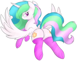 Size: 2128x1691 | Tagged: dead source, suggestive, artist:onlytheponies, banned from derpibooru, deleted from derpibooru, derpibooru import, princess celestia, alicorn, pony, butt, clothes, dock, featureless crotch, looking back, plot, simple background, socks, solo, striped socks, transparent background