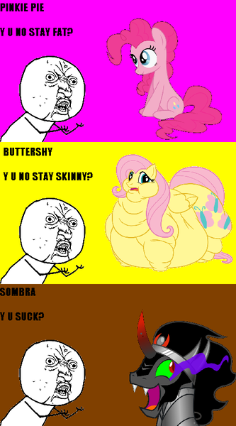 Size: 500x900 | Tagged: safe, banned from derpibooru, deleted from derpibooru, derpibooru import, edit, fluttershy, king sombra, pinkie pie, caption, comic, faic, fat, fattershy, image macro, lordryu fat edit, meme, morbidly obese, obese, text, wat, y u no