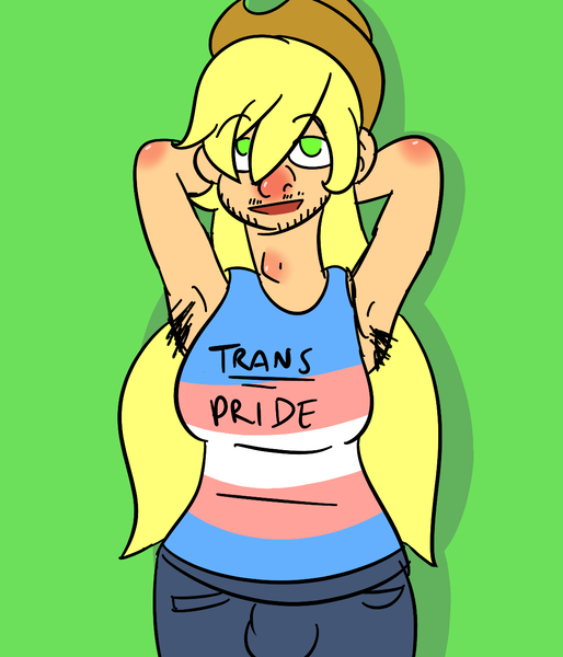 Size: 1097x1280 | Tagged: artist needed, safe, banned from derpibooru, deleted from derpibooru, derpibooru import, applejack, human, arm behind head, armpit hair, clothes, cowboy hat, hat, humanized, jeans, pants, parody, pride, solo, stetson, transgender