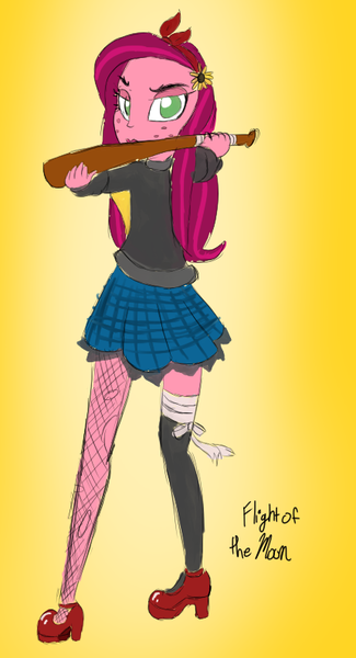Size: 430x794 | Tagged: safe, artist:flight-of-the-moon, banned from derpibooru, deleted from derpibooru, derpibooru import, gloriosa daisy, equestria girls, alternate costumes, baseball bat, clothes, fishnets, flower, flower in hair, high heels, jacket, leather jacket, looking at you, looking over shoulder, ripped stockings, shoes, skirt, socks, solo, stockings, thigh highs