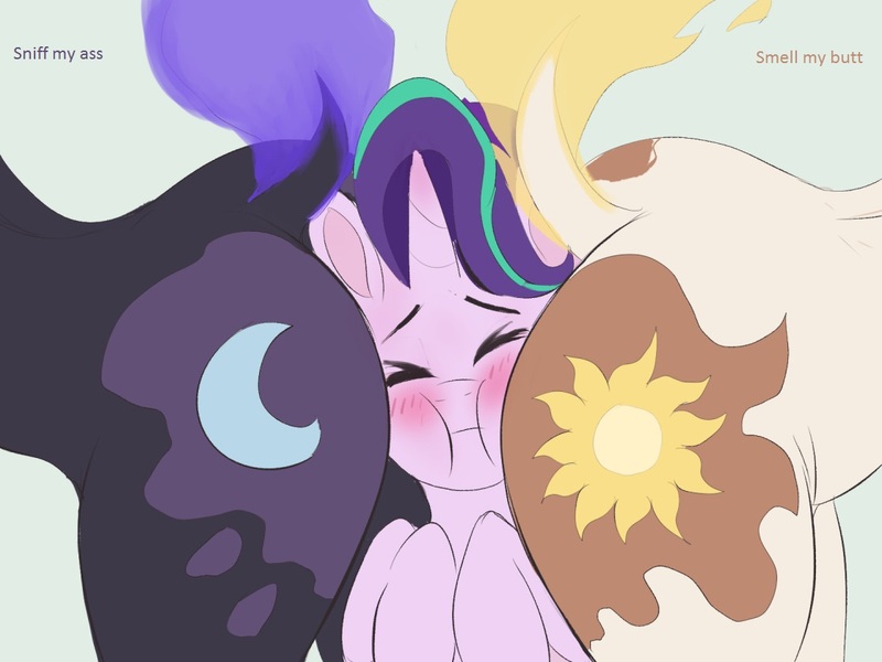 Size: 1120x840 | Tagged: questionable, artist:raikoh, banned from derpibooru, deleted from derpibooru, derpibooru import, edit, daybreaker, nightmare moon, starlight glimmer, pony, a royal problem, butt, daybutt, dock, female, females only, nightbutt, nightmare moonbutt, plot sandwich