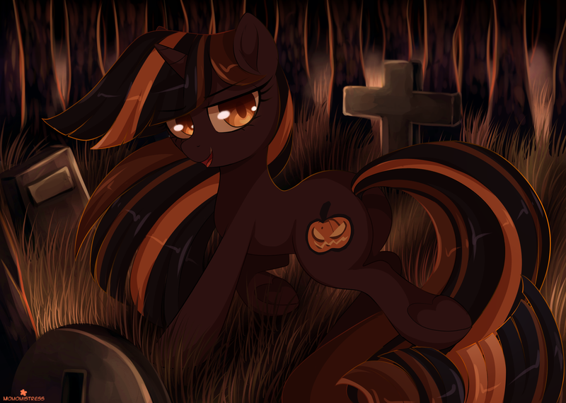 Size: 2610x1860 | Tagged: safe, artist:verawitch, banned from derpibooru, deleted from derpibooru, derpibooru import, oc, oc:eve, unofficial characters only, pony, cemetery, female, looking back, mare, smiling, solo